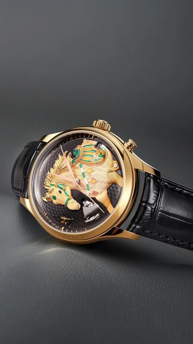 每逢整点，真乐时 “鸣响骏马腕表”会发出清脆鸣响，同时骏马嘴部会随之开合。（真乐时提供）