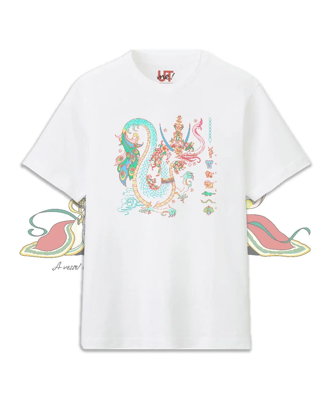 Nikkei用想象为ACM馆藏的一座有首无身的摩羯延伸出整个身体来。右边列出“四不像”的摩羯其实是七种动物的合体。（Uniqlo提供）