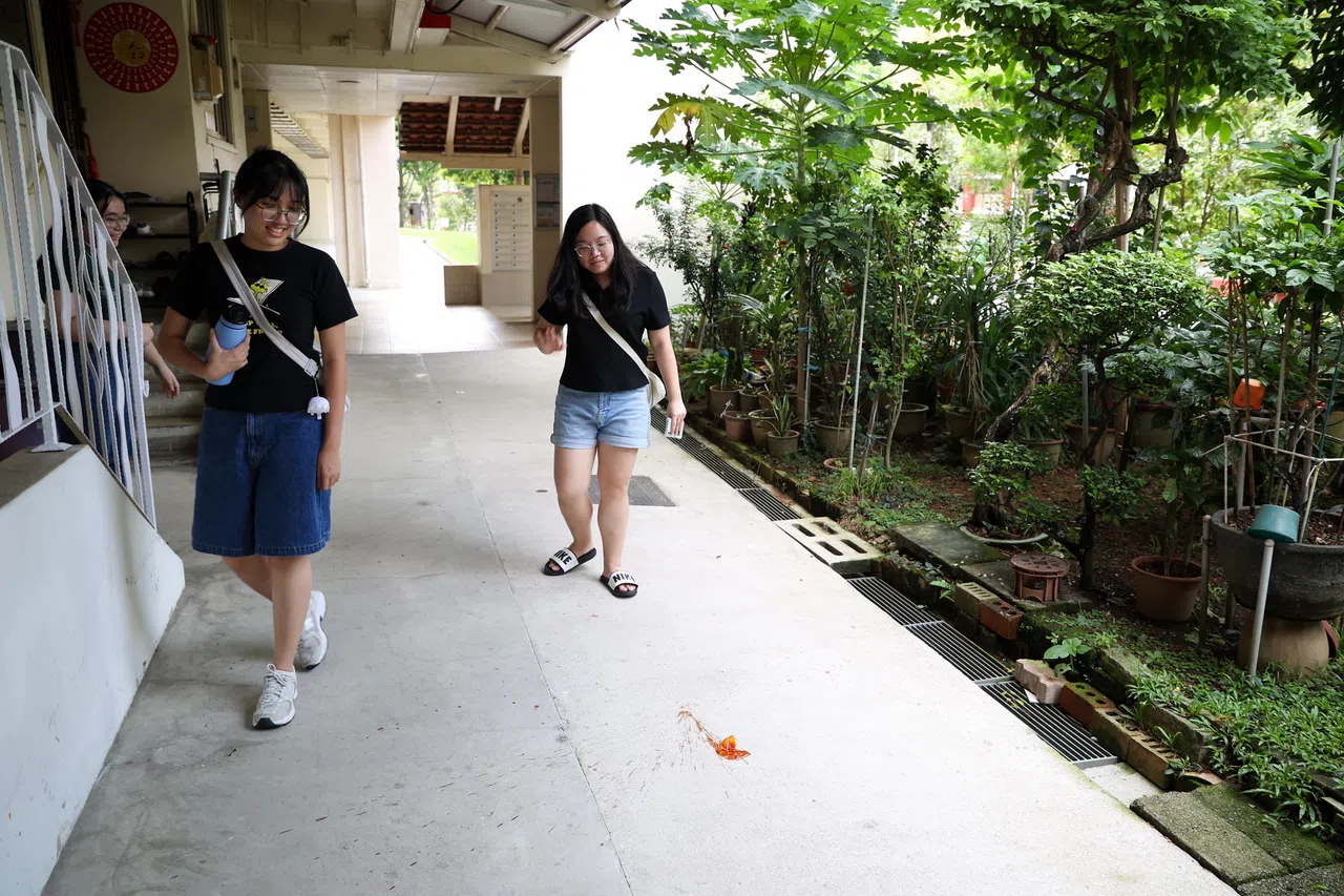 游览结束时，一包辣椒酱从天而降，覃竖荑（左）与黄佳韵（右）感觉惊讶。（关俊威摄）