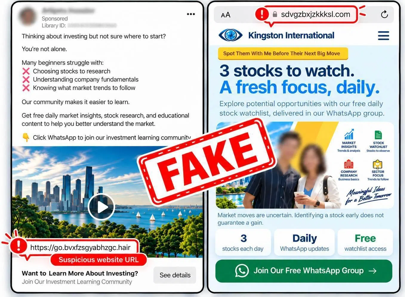 公众点击广告后，会被引导至外部网站，再转到WhatsApp聊天或私人对话，与冒充投资专家或财务顾问的诈骗者联系。（新加坡警察部队提供）