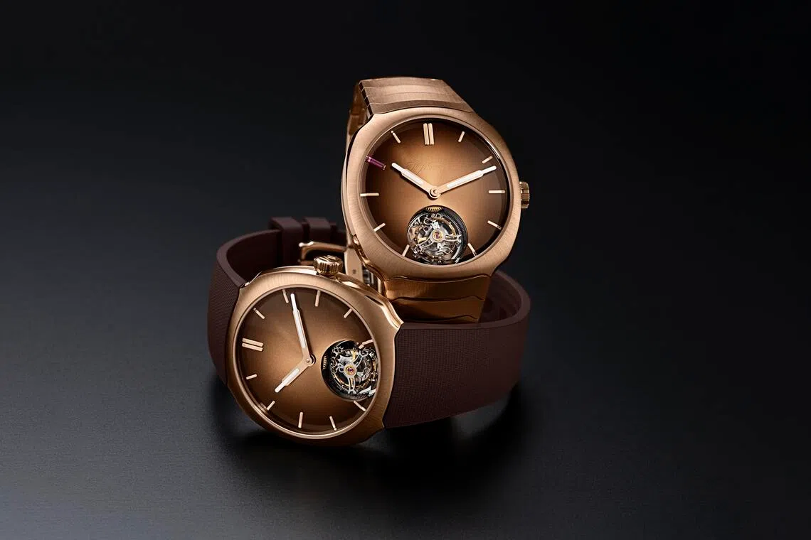 疾速者陀飞轮Pierre Gasly特別版采用低调的巧克力烟熏色。（亨利慕時提供）