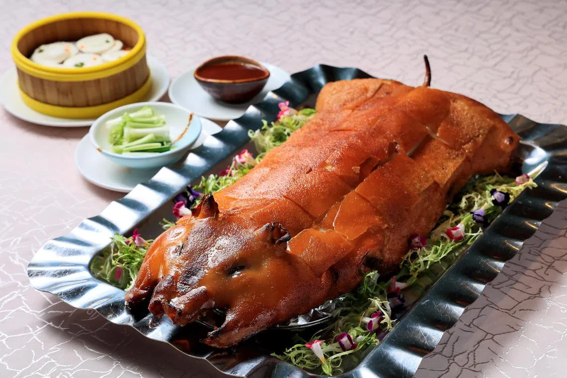 金陵片皮猪的脆皮酥香光亮如琥珀，尽显匠心火候。（龙国雄摄）