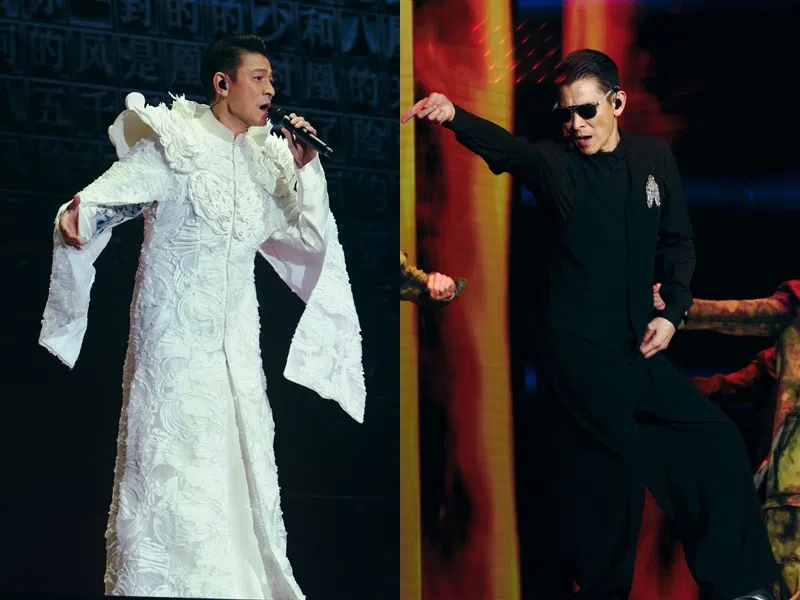 刘德华服装走简约大方路线，不过有一件似改良式古装（左图）让记者看不太懂。（Unusual Entertainment / Focus Entertainment提供）