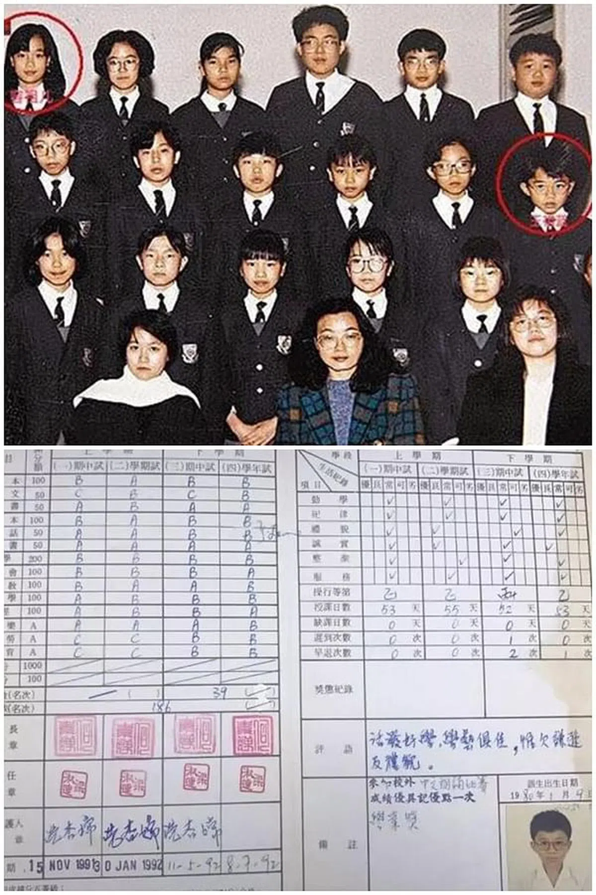 王祖蓝（上图右边红圈者）和容祖儿（左边红圈者）小学时是同班同学。下图是网上流传的王祖蓝中学成绩表，上面可见老师的评语：“活泼好学，学艺俱佳，惟欠谦虚及礼貌。”（互联网）
