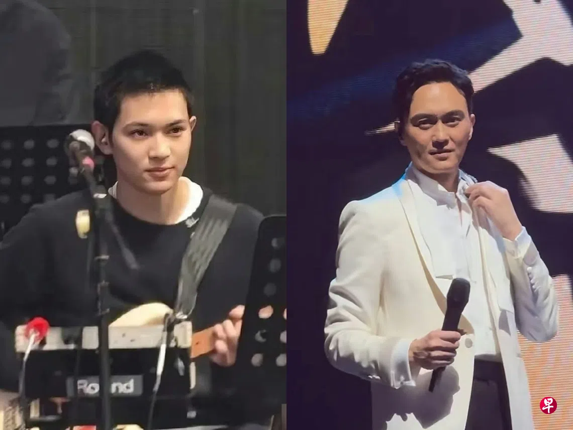 “魔童”张慕童（左图）和担任星爸张智霖演唱会的吉他手，父子首次同台。 （互联网）