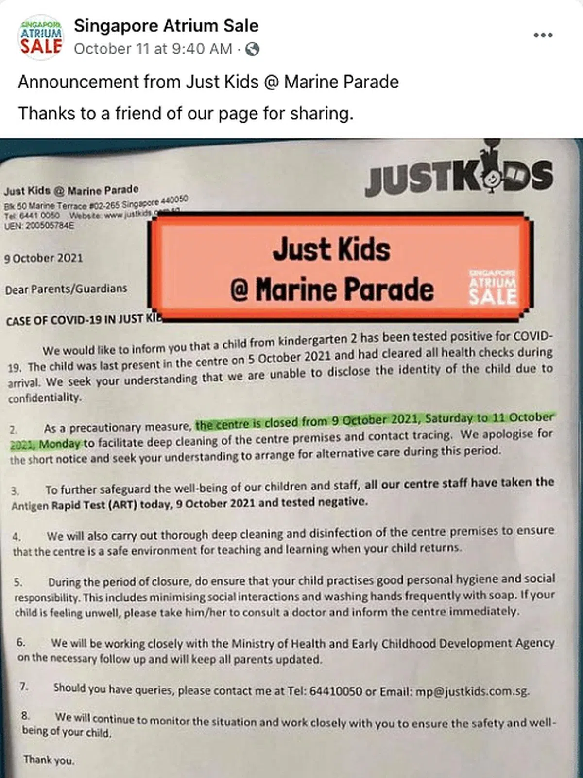 小庆分享的学校确诊信息之一。（图：Singapore Atrium Sale面簿）