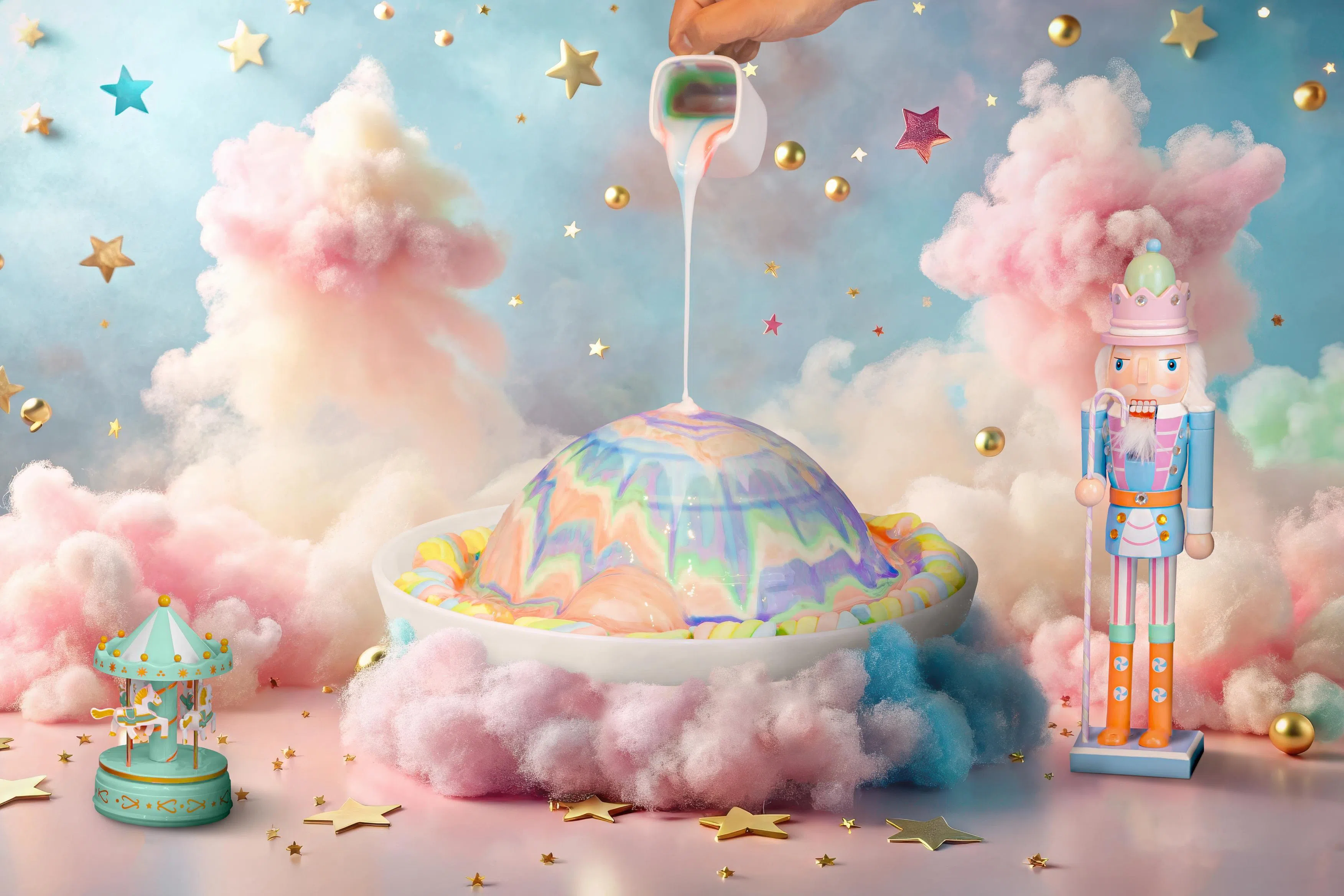 孩子们可亲手将可食用、天然的柔和色彩糖胶缓缓倒在Pastel Dream Dome Igloo Cake上，让色彩自然流淌、交汇。（酒店提供）