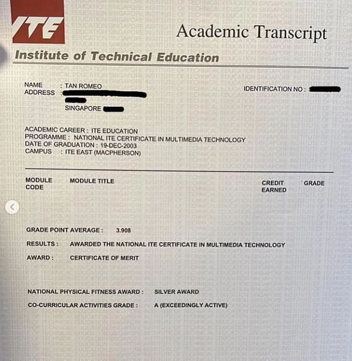 陈罗密欧分享自己的工艺教育学院成绩单。（互联网）