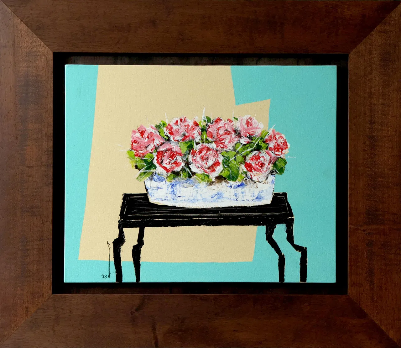 林仰章用油刀绘玫瑰花和黑桌面线条，背景以色块营造框中框。（龙国雄摄）