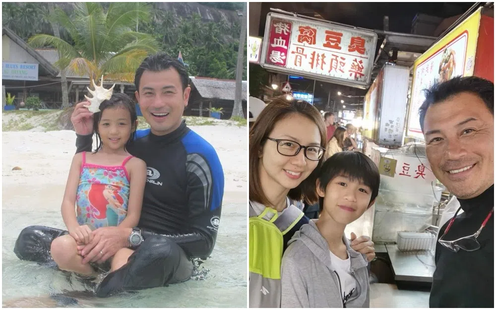 林明伦在孩子7岁时会和他们单独去旅行，孩子12岁时则为父母策划旅游行程。左图为林明伦和女儿沁恩到马来西亚小岛度假，右图为老二道恒和父母在台湾的夜市留影。（林明伦提供）