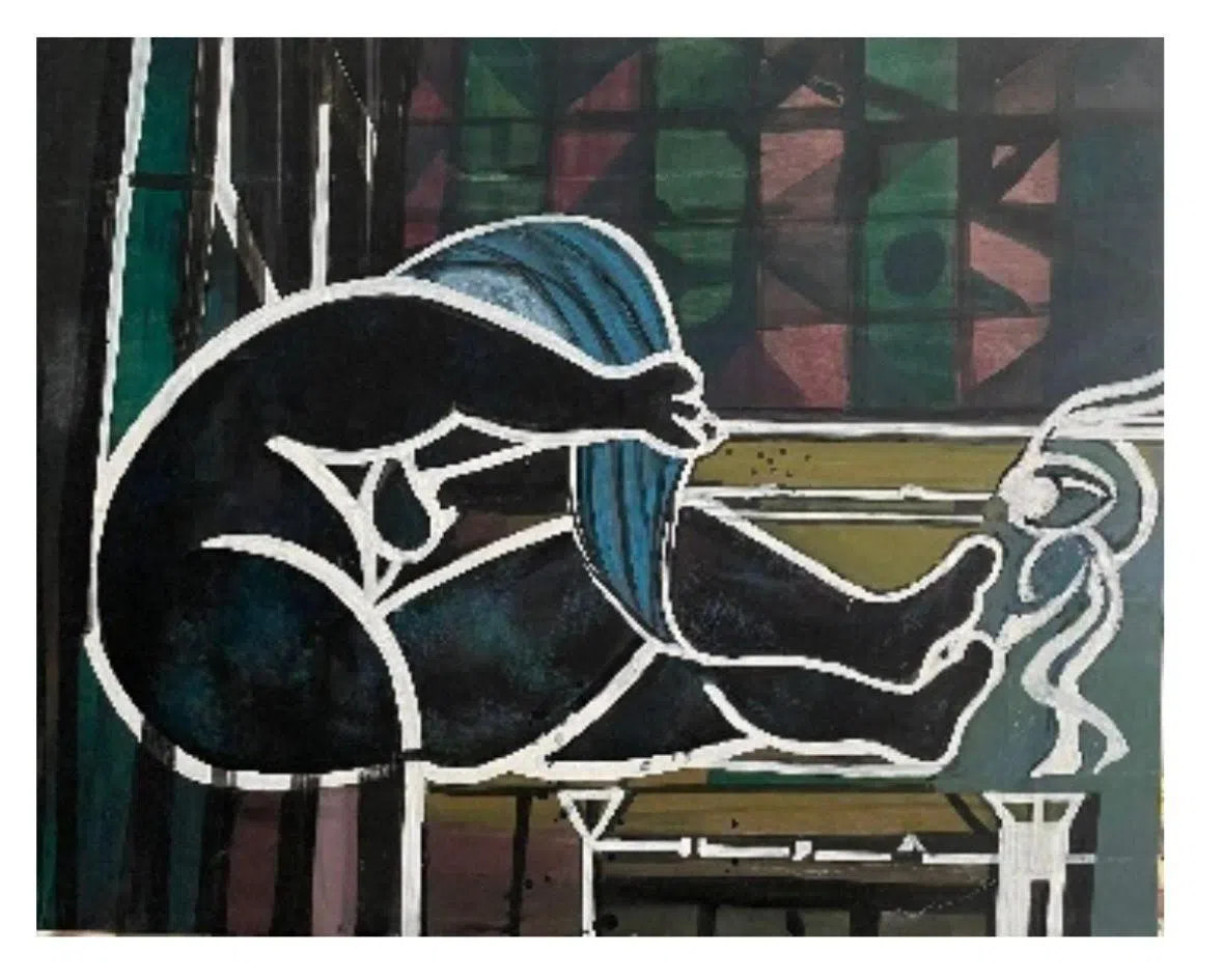 丘瑞福逝世前未完成的裸体丙烯画展出。（丘艺才提供）