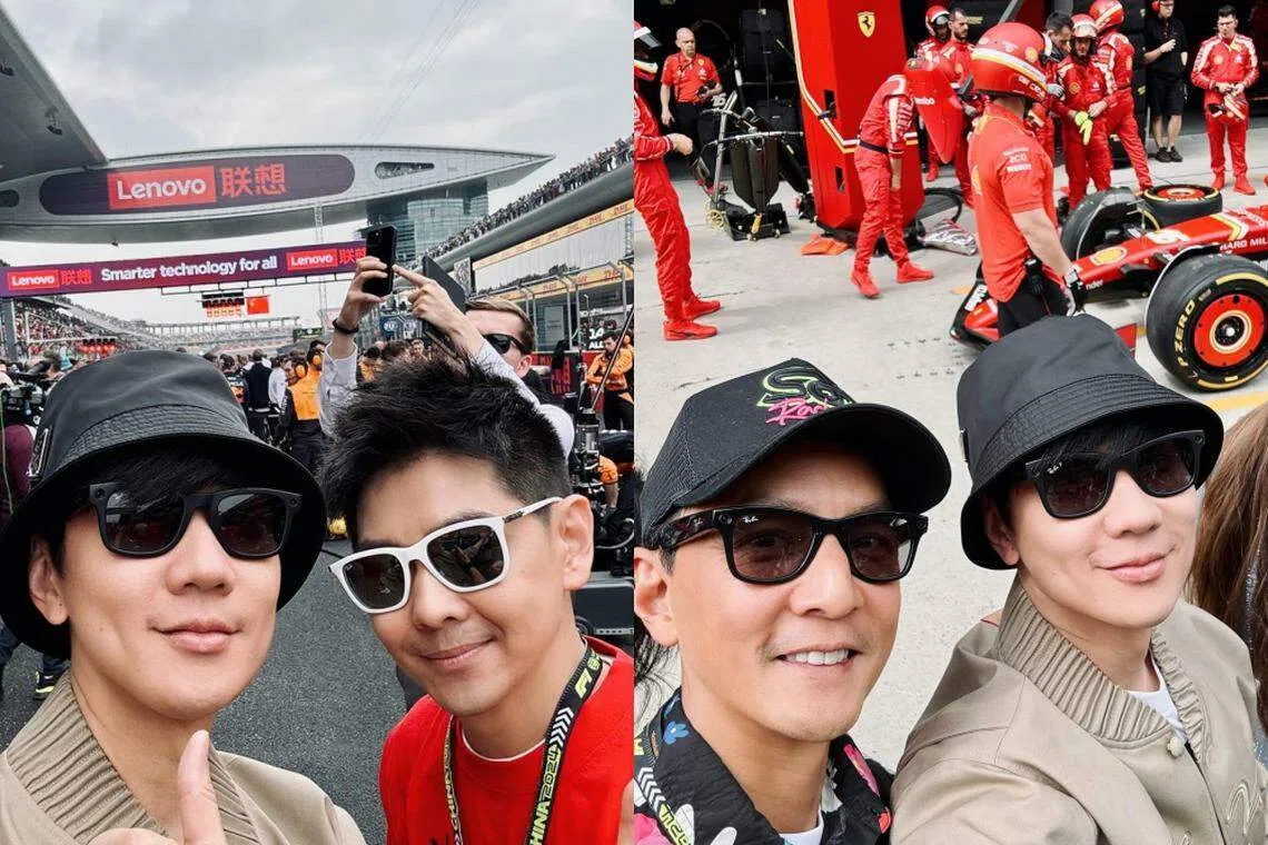 林俊杰在上海F1与林志颖（左图右）和吴彦祖（右图左）合影。（取自林俊杰IG）