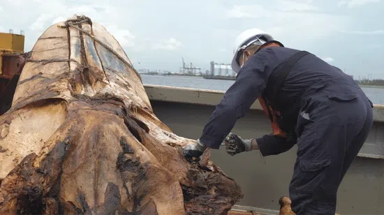 为确保安全，研究人员在解剖过程中必须穿戴救生衣与头盔。戴口罩也至关重要，既能避免鱼组织液或油脂飞沫溅到面部，也能缓解遗骸散发的腐臭。（国大李光前自然历史博物馆提供）