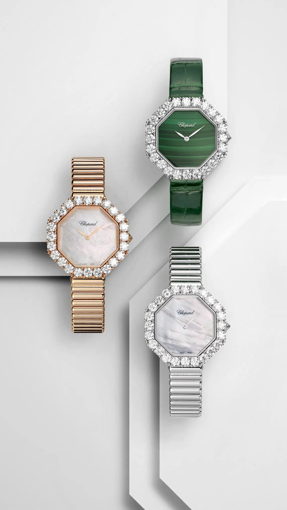 L’Heure du Diamant系列推出三款全新时计，采用皇冠镶嵌八边形表壳。（萧邦提供）