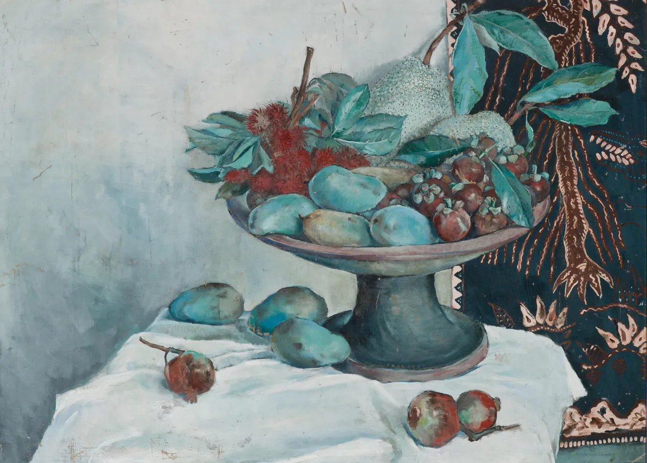 张汝器以热带水果（红毛丹、芒果、山竹、菠萝蜜）入静物画。（国家美术馆提供）