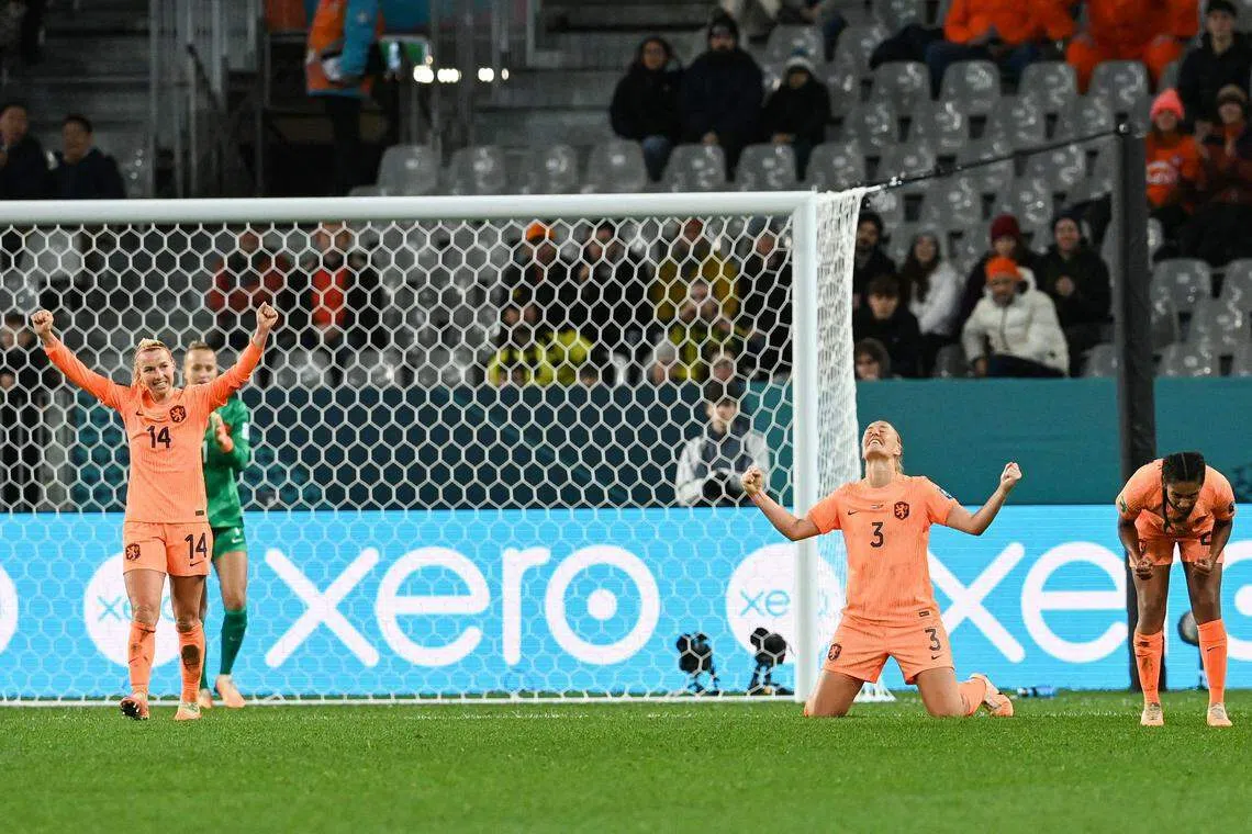 荷兰球员在比赛哨声响起后激动庆祝。（法新社）