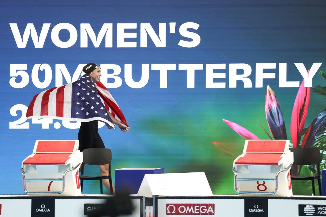 格蕾琴在女子50米蝶泳决赛为美国先得一金。（关俊威摄）
