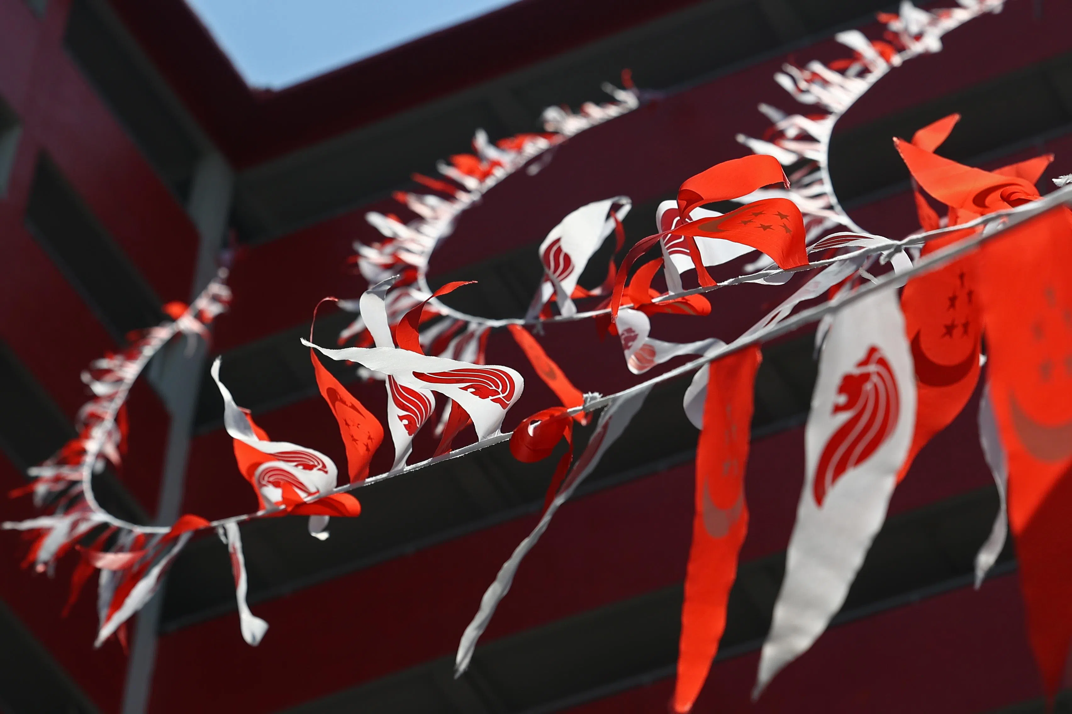 菜市道组屋悬挂的狮头和新月五星标志是国家的象征，色彩亮丽，迎风飘扬。（陈渊庄摄）