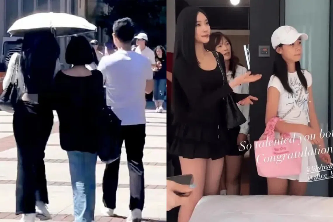 小S和老公许雅钧陪长女到美国准备开学（左图），也捧场老二Lily和“许老三”（右图）在台北举行的画展。（互联网）