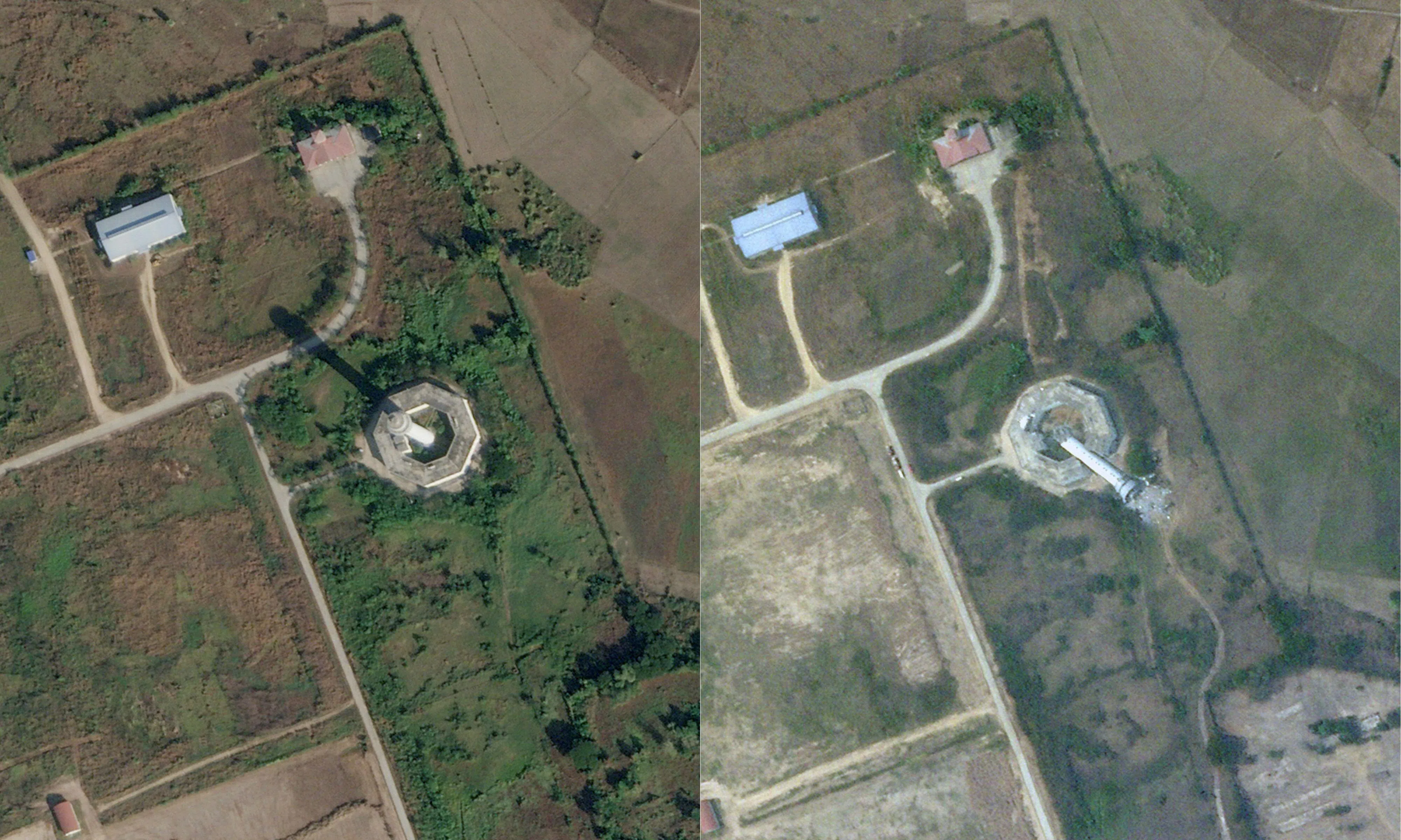 地球成像公司行星实验室（Planet Labs）发布的卫星图像显示，缅甸内比都机场的空中交通控制塔在地震中倒塌。缅甸媒体指塔内人员全部遇难。左图是空中交通控制塔矗立的景象。（法新社）