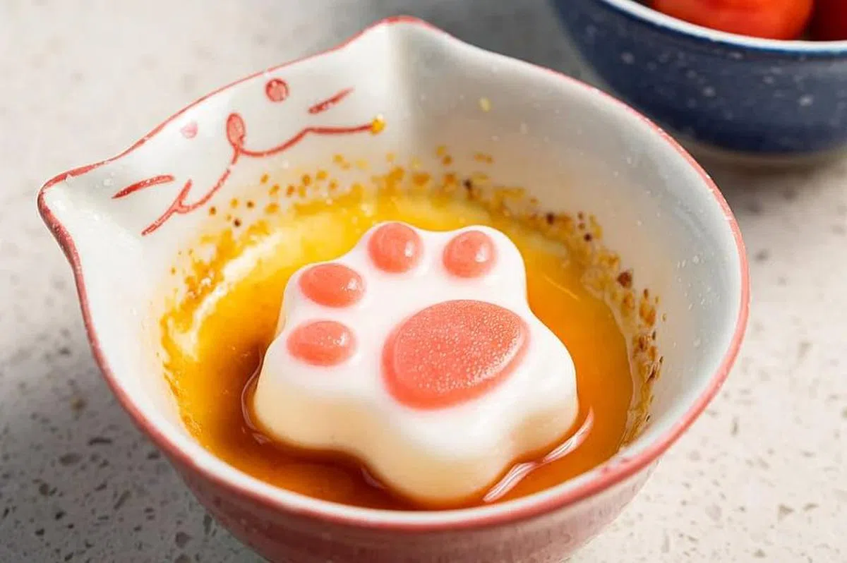 猫抓焦糖布丁上有个白色“猫爪”。（餐馆提供照片）