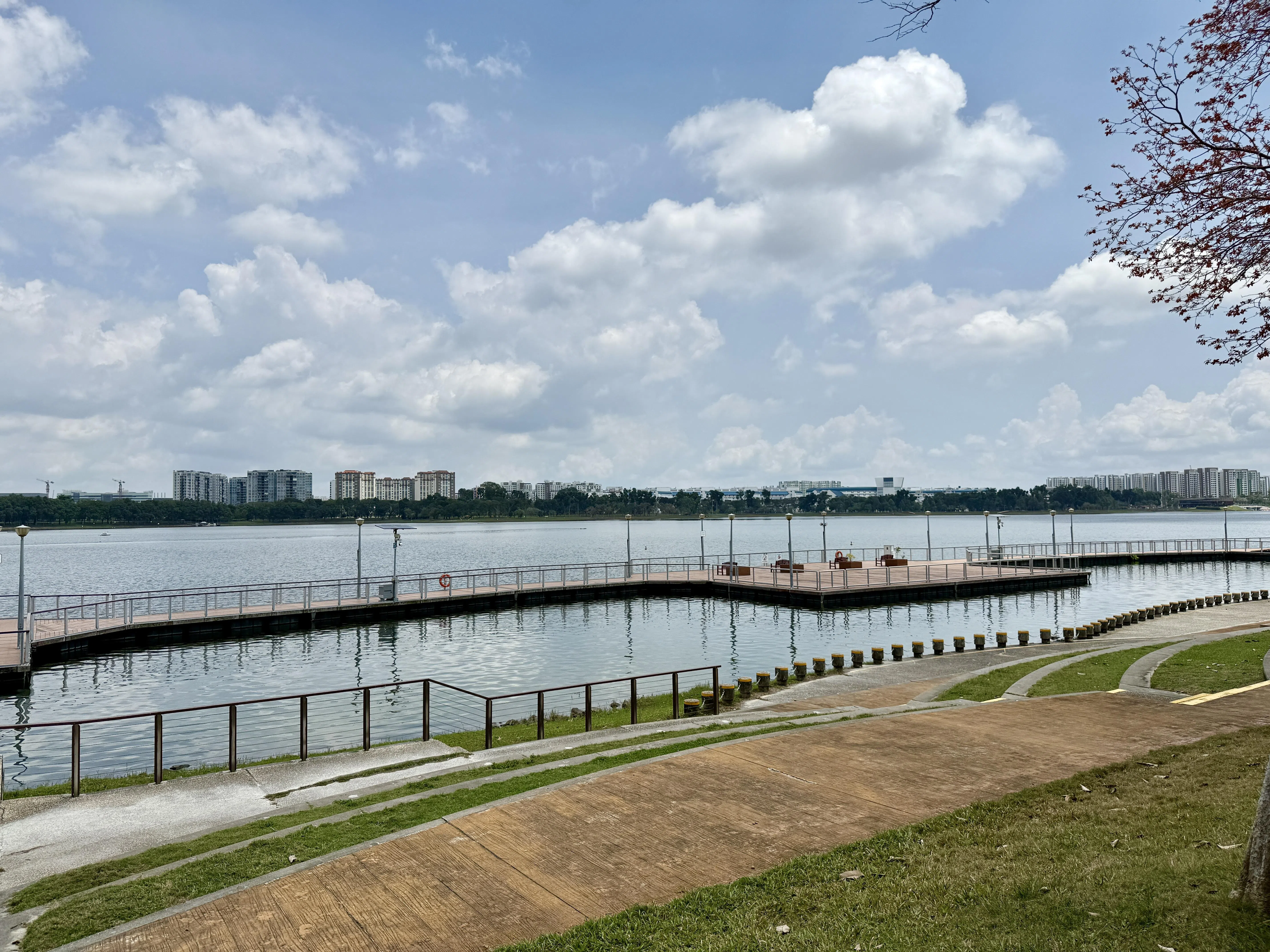 勿洛蓄水池的木板步道让人更接近水面，不远处是勿洛蓄水池路邻里中心。（陈映蓁摄）