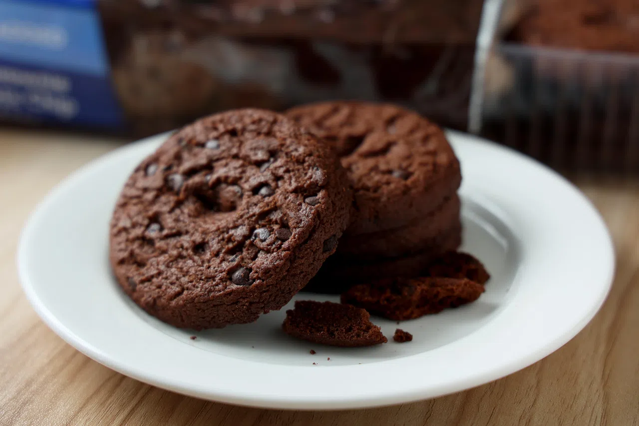 这款巧克力曲奇饼的包装上注明不加糖，但仍含有少量糖分，应酌量吃。（龙国雄摄）