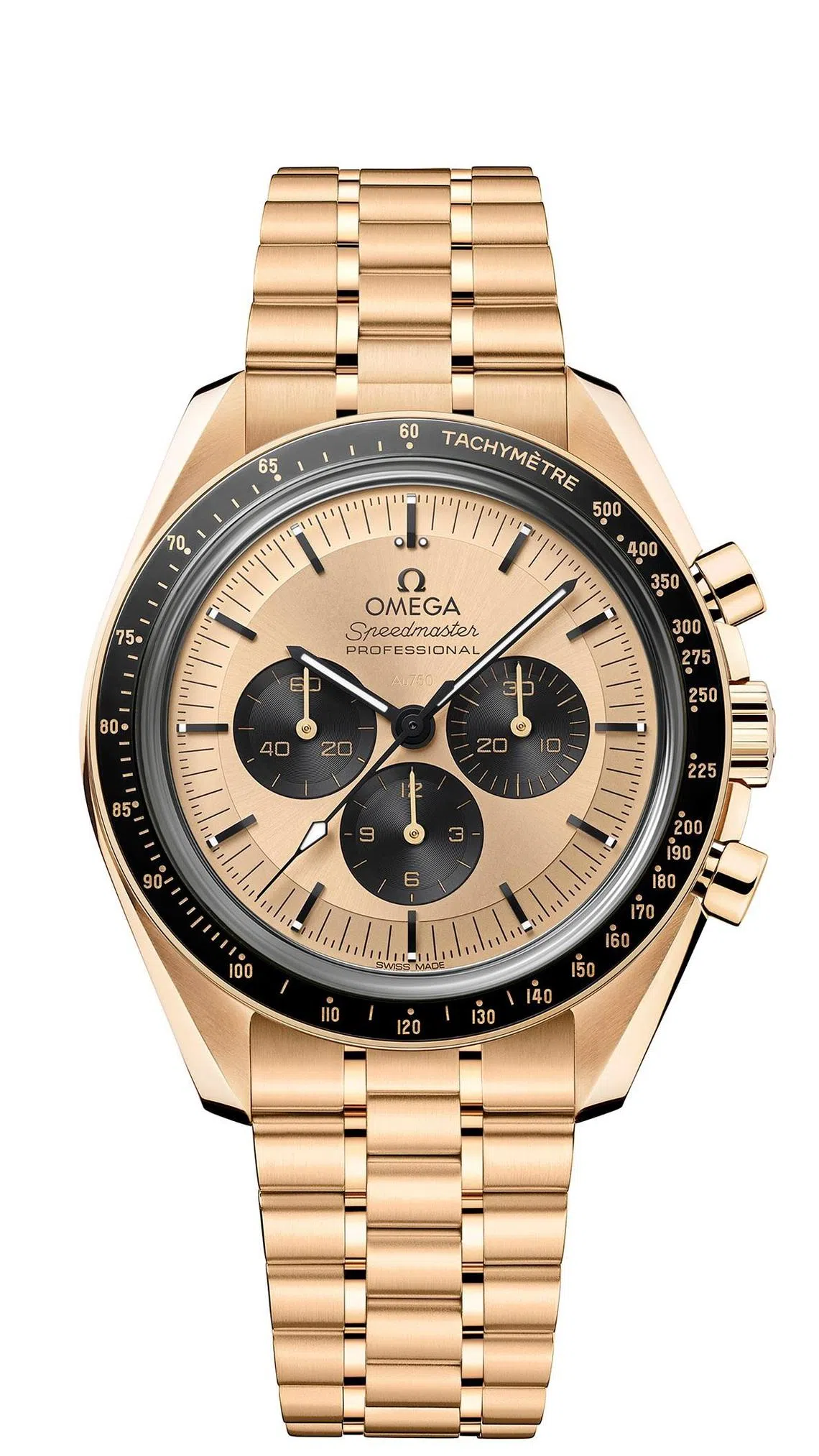 Speedmaster Moonwatch的Moonshine™金是欧米茄独家研发的贵金属合金，色泽柔和且抗褪色。（欧米茄提供）