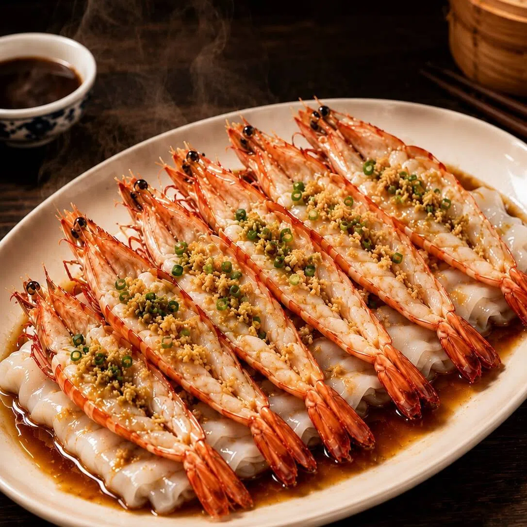 亚龙湾新菜蒜蓉九节虾蒸陈村粉，虾肉紧实弹牙，比肠粉更滑顺的陈村粉，吸饱鲜美汤汁。（餐馆提供）