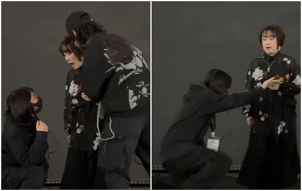 大槻真希演唱半途被带下台时表情错愕。（互联网）