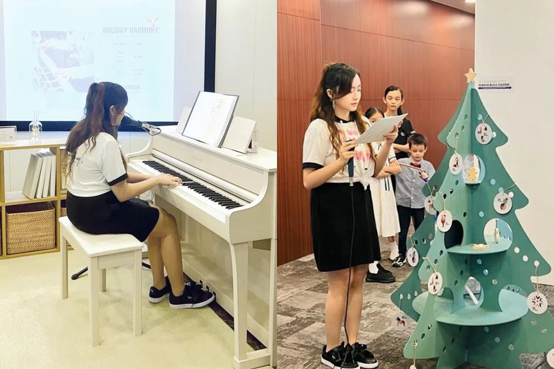 作者在圣诞演出“Holiday Harmony”自弹自唱《有你在》（左图）。演出当天临时担任司仪，作者主持前先按照名单熟悉表演者的姓名和表演曲目（右图）。（作者提供）