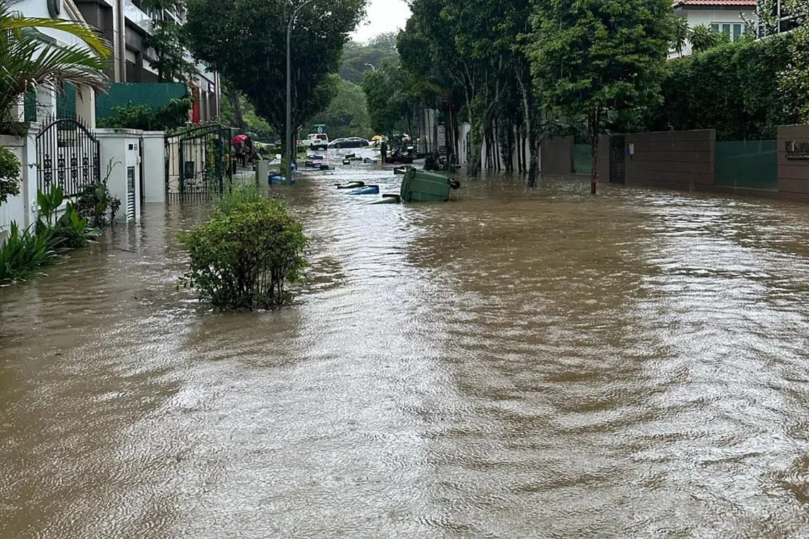 南洋小学附近京士路的街道淹水，垃圾桶漂在水面上，居民的生活和财物都受到严重影响。（读者提供）