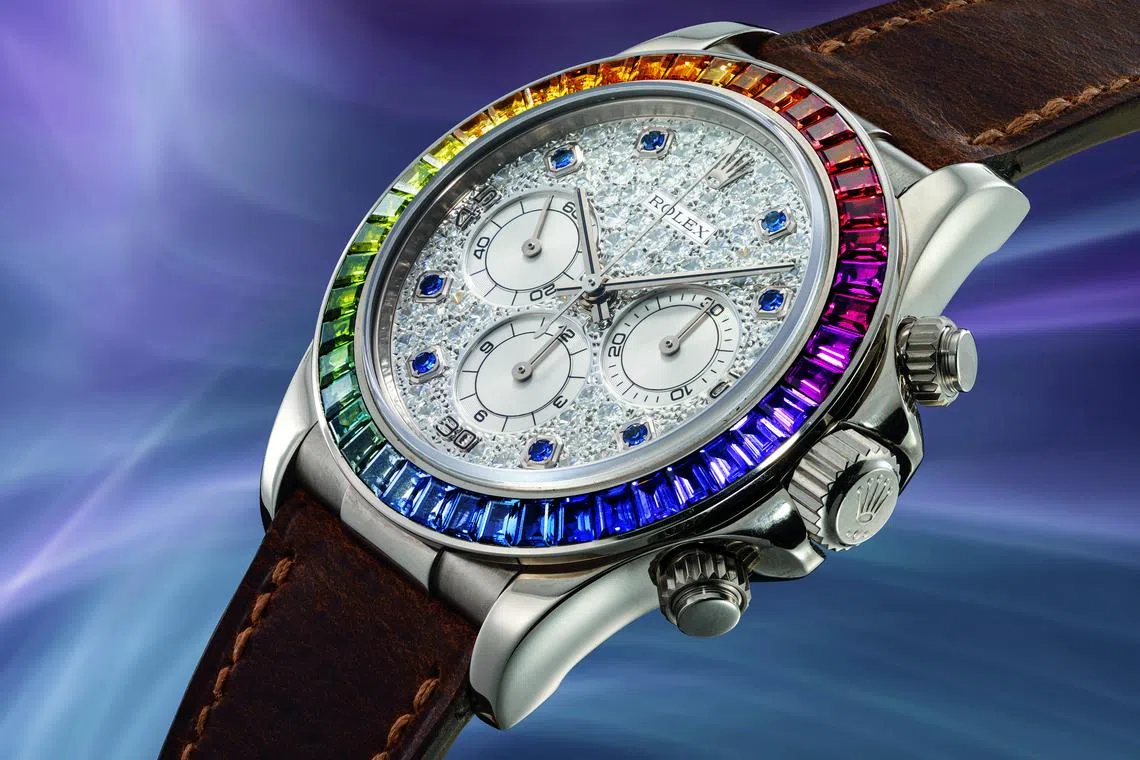 表坛史上首枚劳力士Cosmograph Daytona, Rainbow型号16599白金腕表将于本次拍卖首度亮相。（富艺斯提供）