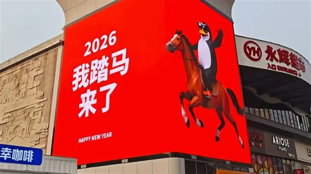 中国多地商场近来纷纷打出诸如“2026 我踏马来了”“您踏马来啦！”等宣传标语，应用场景从商场大屏、电梯地贴到入口布置等。（新浪科技）