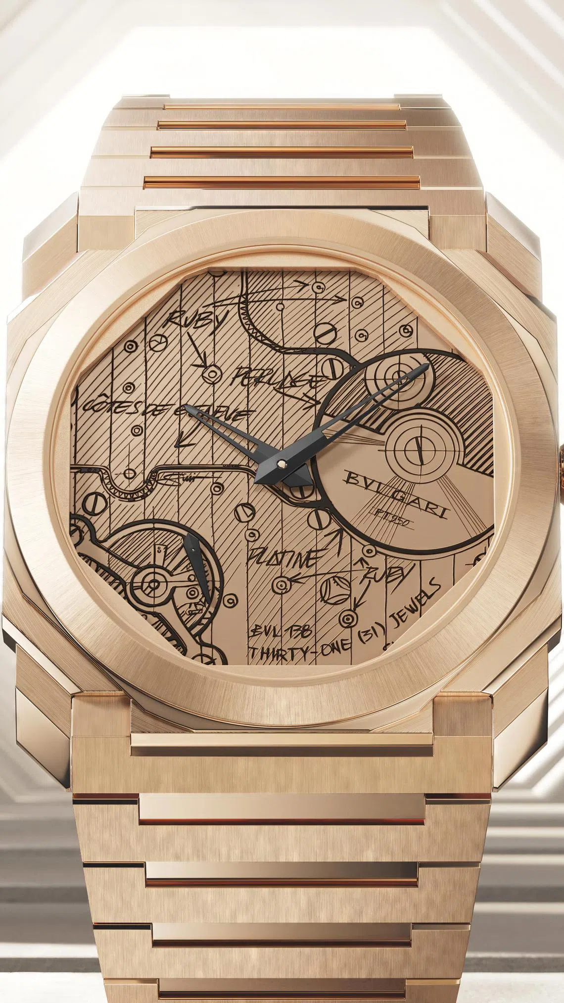 18K玫瑰金版自动型号限量70枚。（宝格丽提供）