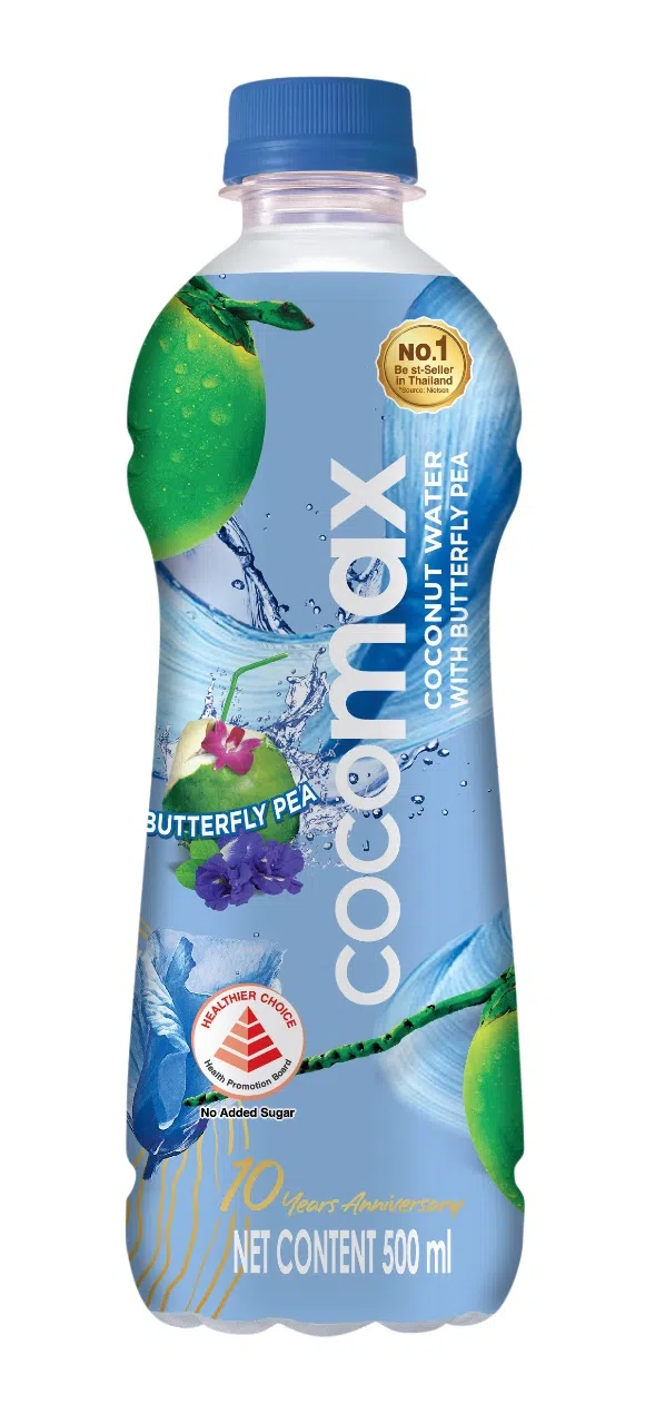 泰国100％纯正椰水品牌Cocomax，在新加坡推出加入蝶豆花天然紫色的新口味。（品牌提供）