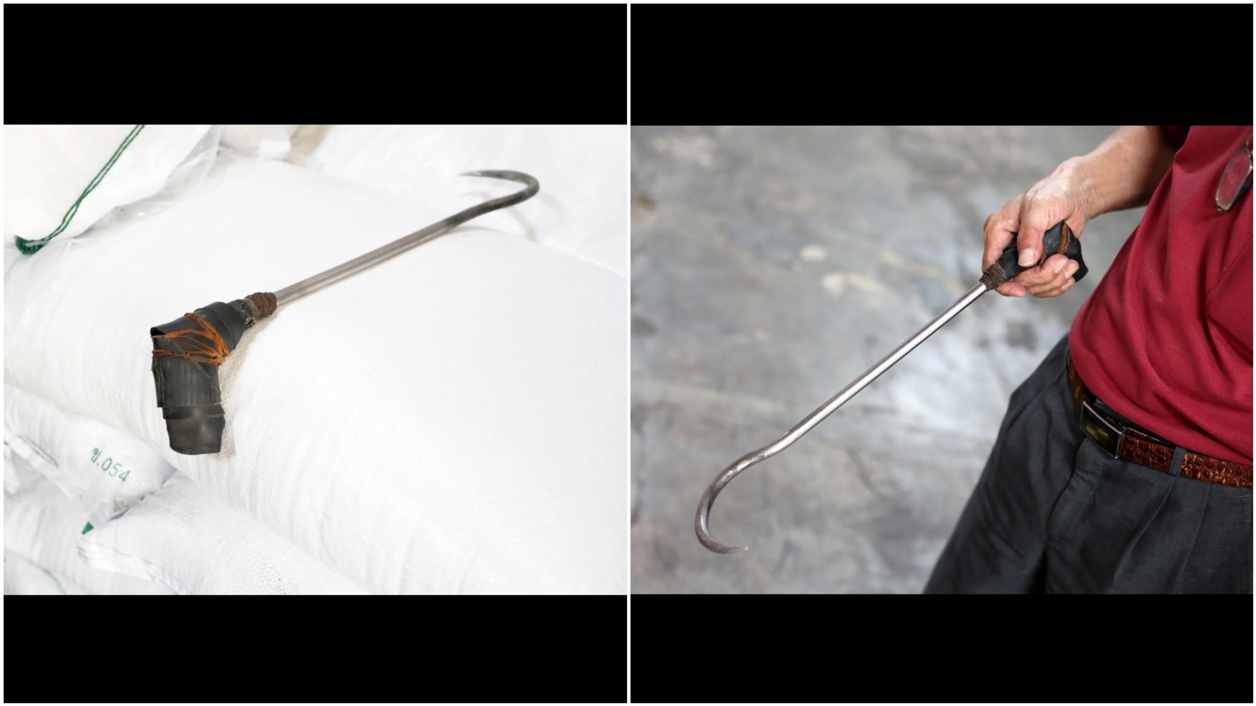 钩海底估俚人手一支单钩，方便他们拖拉一麻袋一麻袋的货物。陈炳坚请工匠根据他身高量身打造的单钩（图右），直到今天还被他视为宝贝。（龙国雄摄）