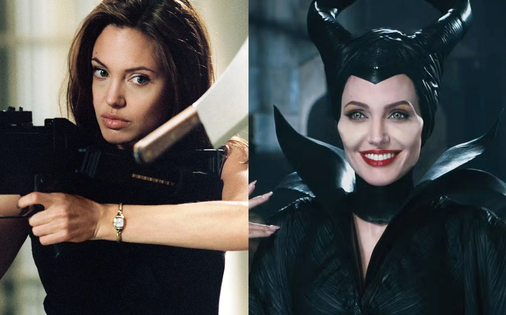 Angelina Jolie在《史密夫VS史密妻》饰演杀手特工爆红（左），随之在《沉睡魔咒》饰演梅菲瑟深入人心。（互联网）