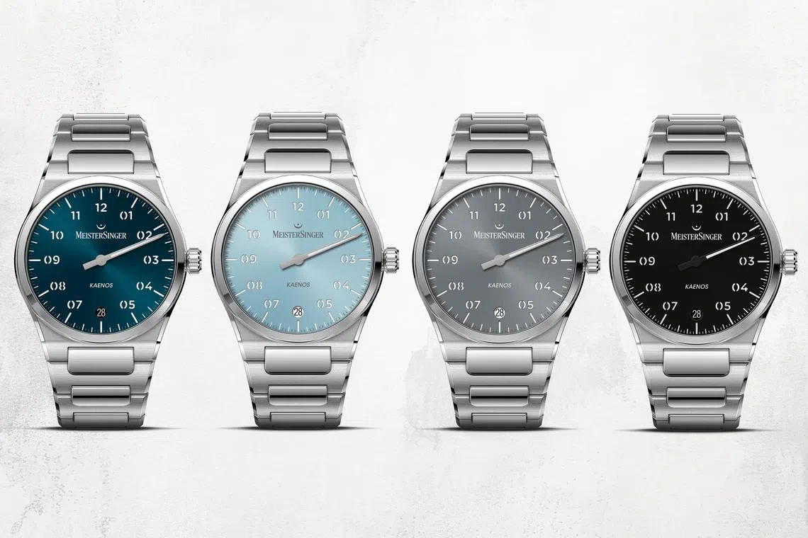 Kaenos与Kaenos Open Date各有四种表盘颜色，随光线折射展现丰富层次感。（MeisterSinger提供）
