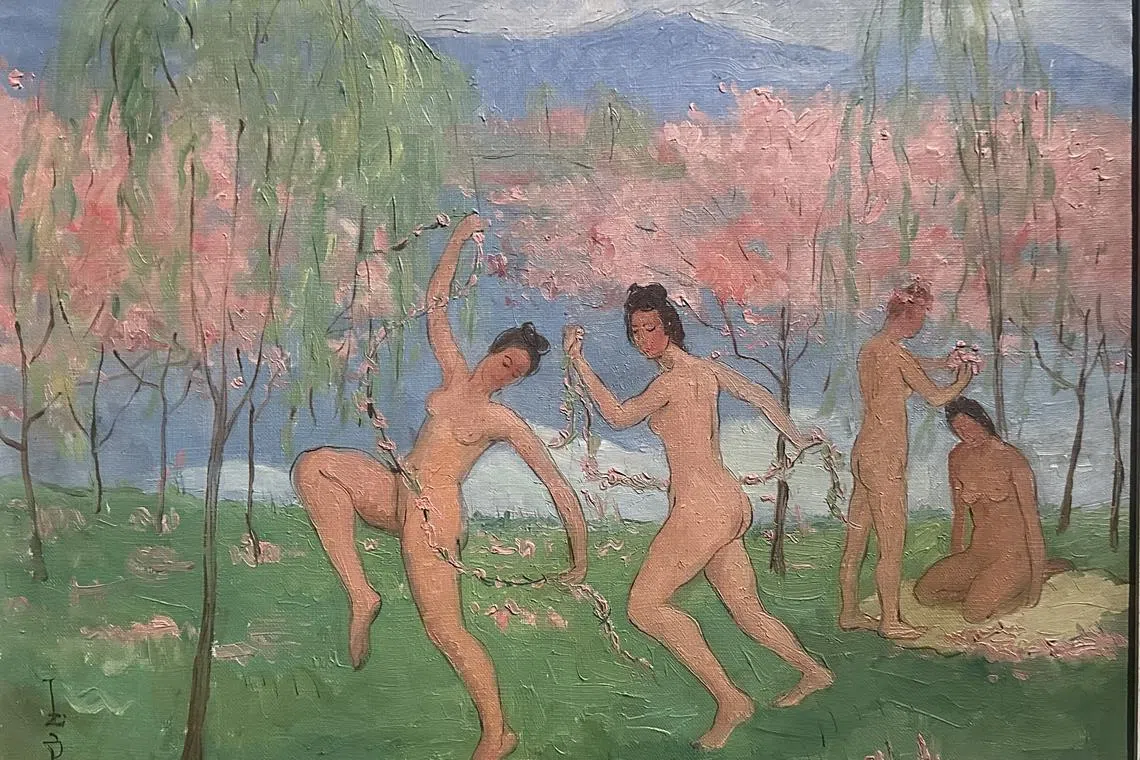 本次展出七幅潘玉良画作，油画《春之歌》（1941）呈现东方情境的女儿国。（黄向京摄）