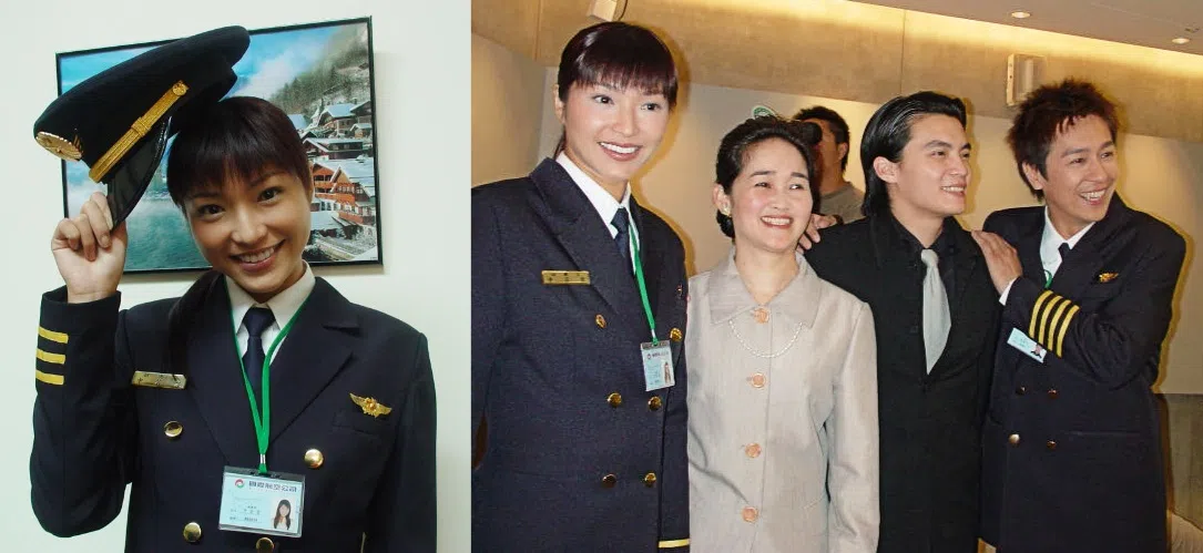 张玉华（左图、右图左一）在《升空高飞》饰演出生在飞行家庭的副机长，与陈浩民（右图右一）有感情线。（档案照片）
