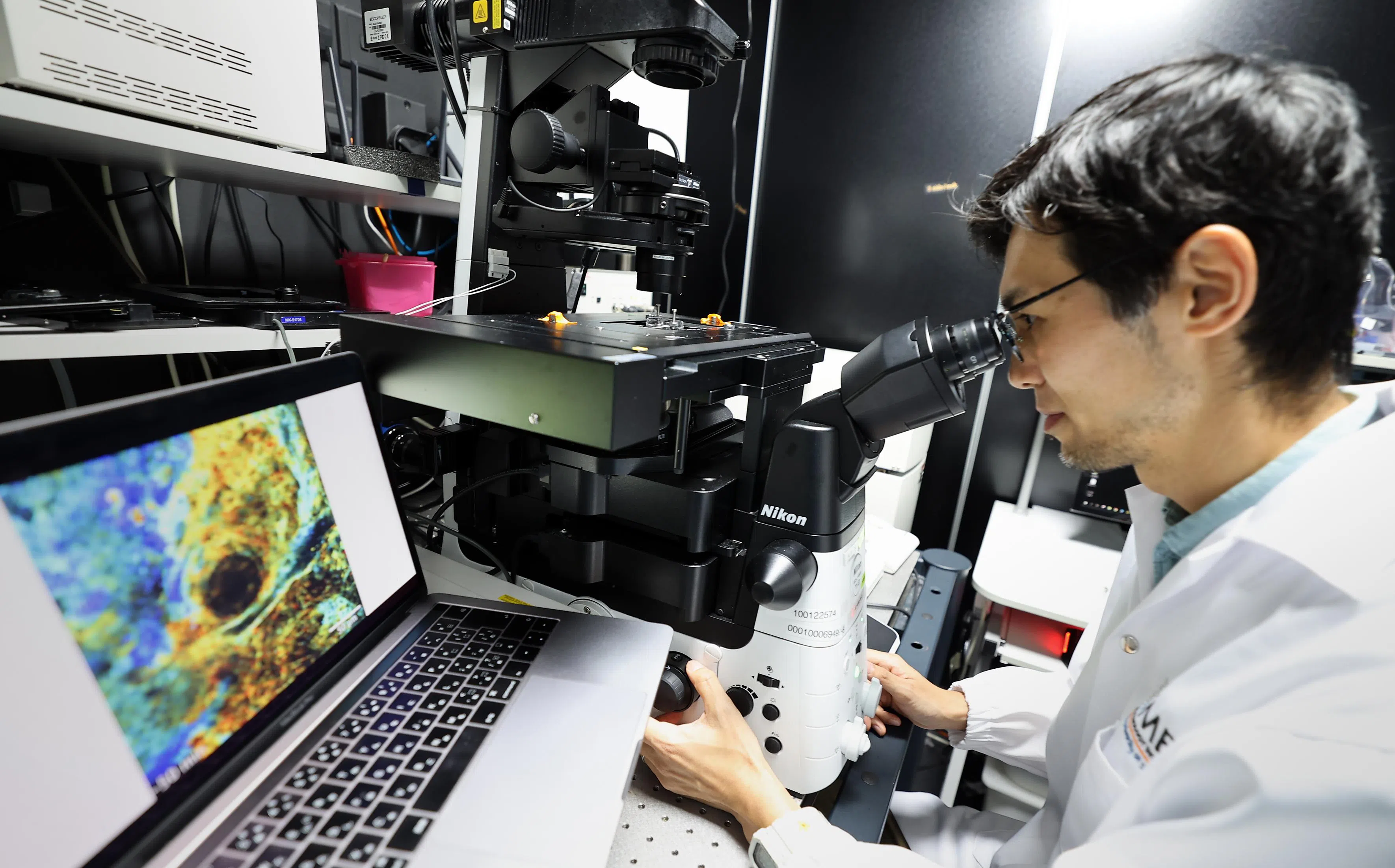 国大力生物学研究所主要研究员平岛刚志研究助理教授通过观察实验鼠的卵巢组织，探索细胞的生长和老化过程，试图发现治疗不孕症的新方法。（萧紫薇摄）