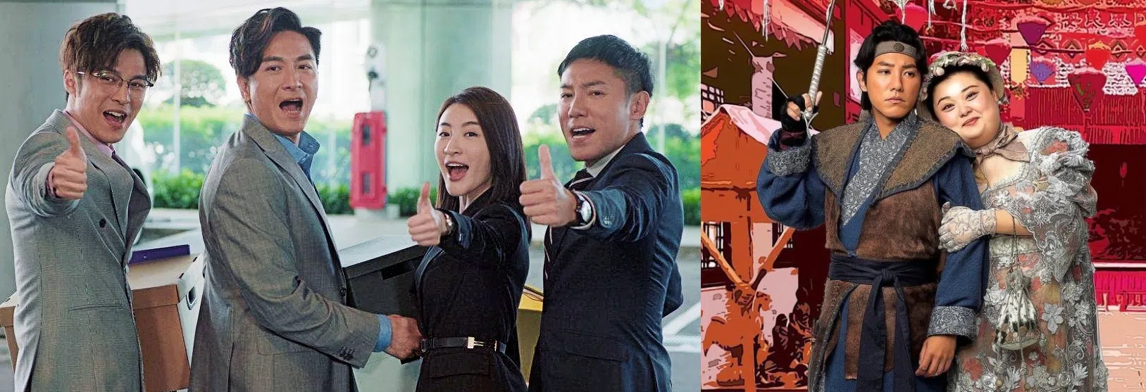 张颕康近两年接演的角色都很不一样，包括《法言人》的大律师马玮雄（左图右一）、《痞子殿下》的镖局继承人范壮龙（右图左）。（互联网）