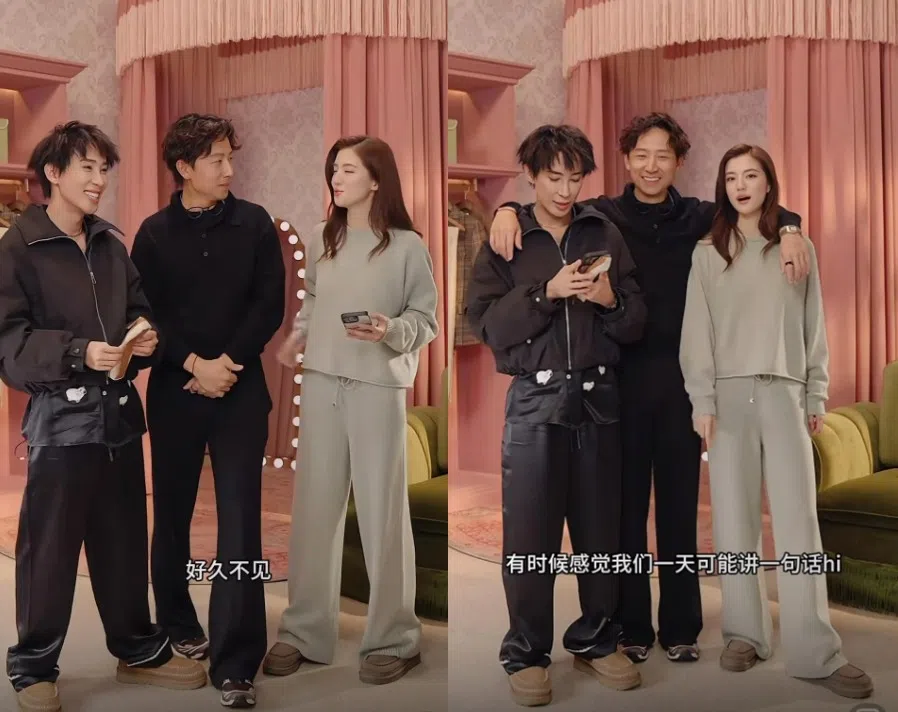 吴千语（右图右，左图右）最近和老公施伯雄（右图中，左图中）一起现身直播间，跟主持人马天佑在镜头前大聊夫妻日常。（互联网）