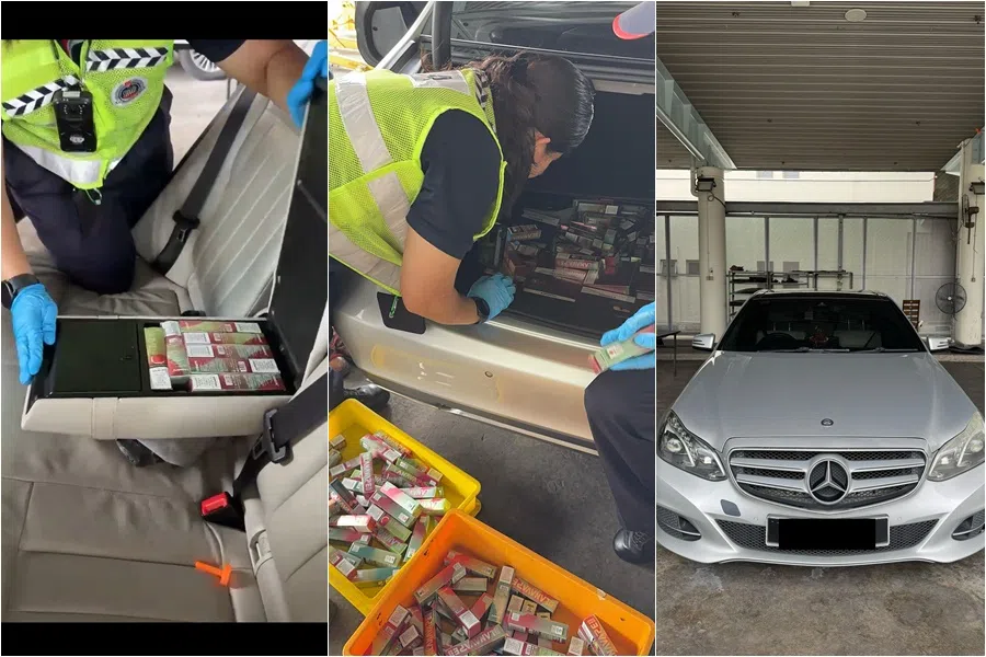 移民局人员于5月1日在兀兰关卡对一辆马来西亚注册汽车进行搜查时，发现车内暗藏电子烟。（移民与关卡局提供）