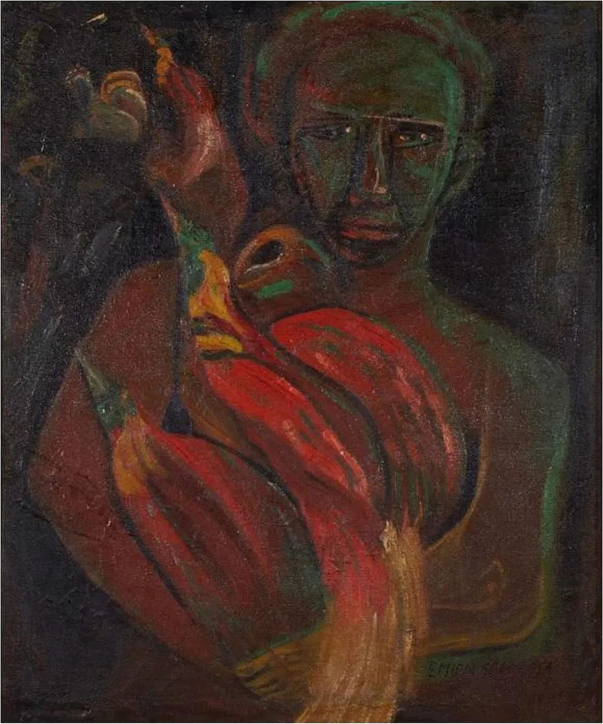 印尼女画家埃米莉亚·桑娜萨油画《举着天堂鸟的伊丽安人》（1946至1948）。（图片由国家美术馆提供）