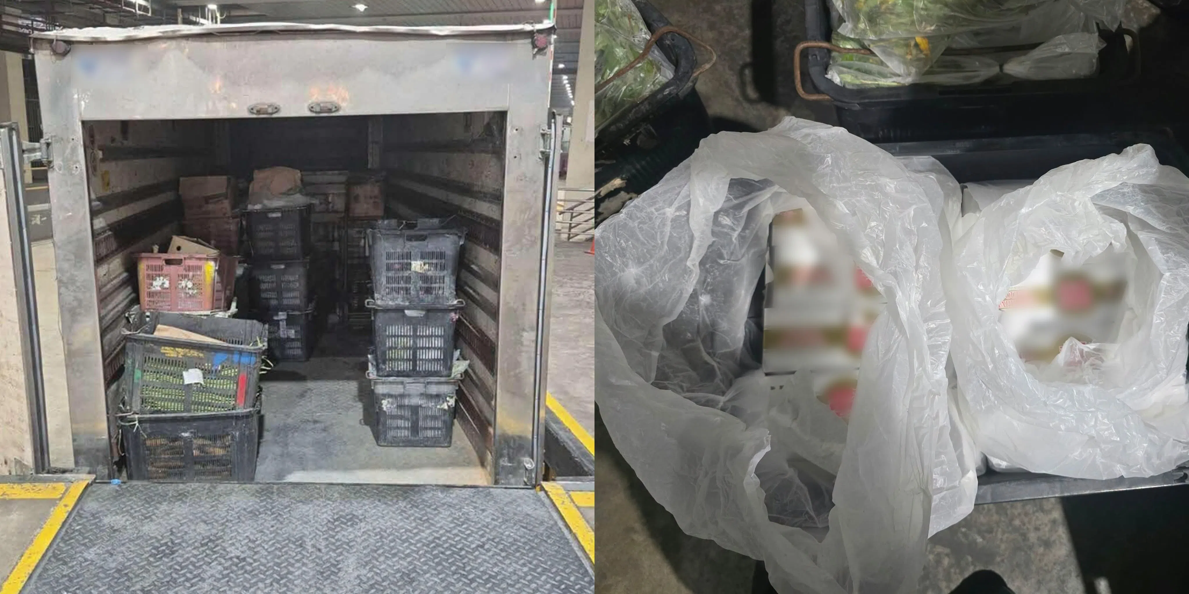 涉事罗厘的车厢内堆放着多个装有蔬菜的塑料篮，部分漏税香烟则被装进白色塑料袋内，试图掩人耳目。（取自移民与关卡局脸书）