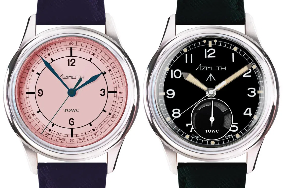 为庆祝欧米茄腕表俱乐部创立五周年，本地腕表藏家陈汉忠邀本地腕表品牌Azimuth Watch定制两款腕表。（Azimuth Watch提供）