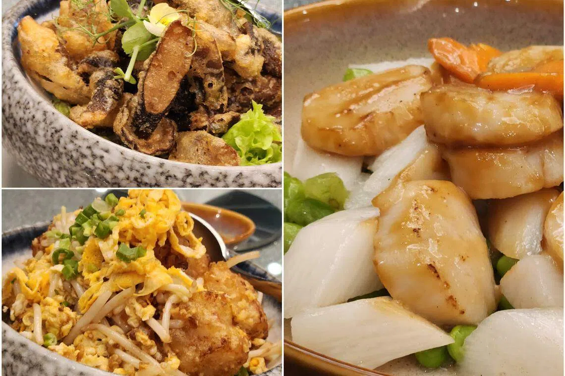 李伟德师傅在嘉味的新菜单加入：芥末华盐香脆铁钉菇（左起顺时钟）、带子炒淮山毛豆味噌柚子酱、XO酱炒萝卜糕。（陈爱薇摄）