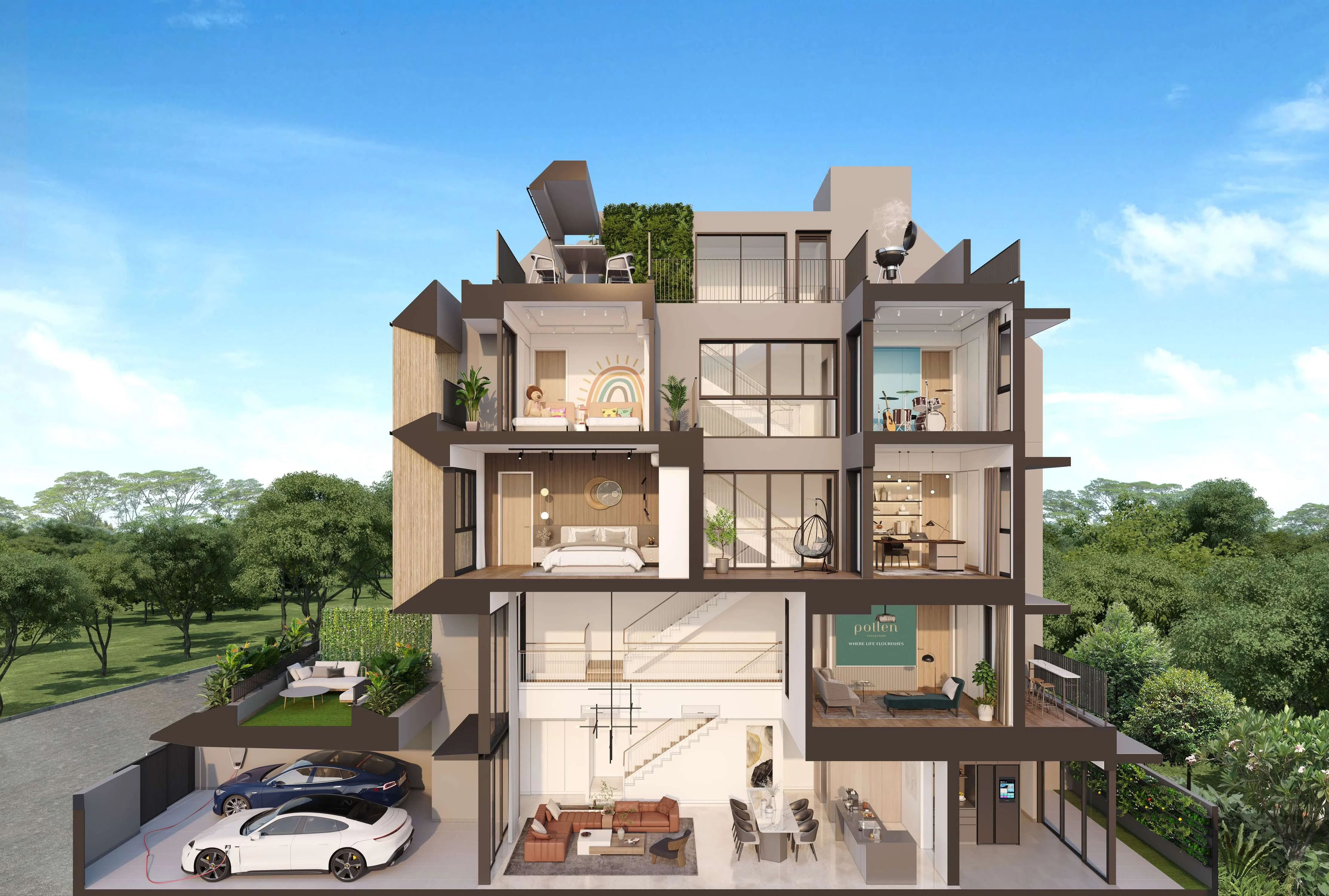 每栋房子内都拥有五间卧室，所有卧室各有所属的私人浴室，让家庭成员可以根据个人喜好配置生活空间。（效果图/万国公司提供）